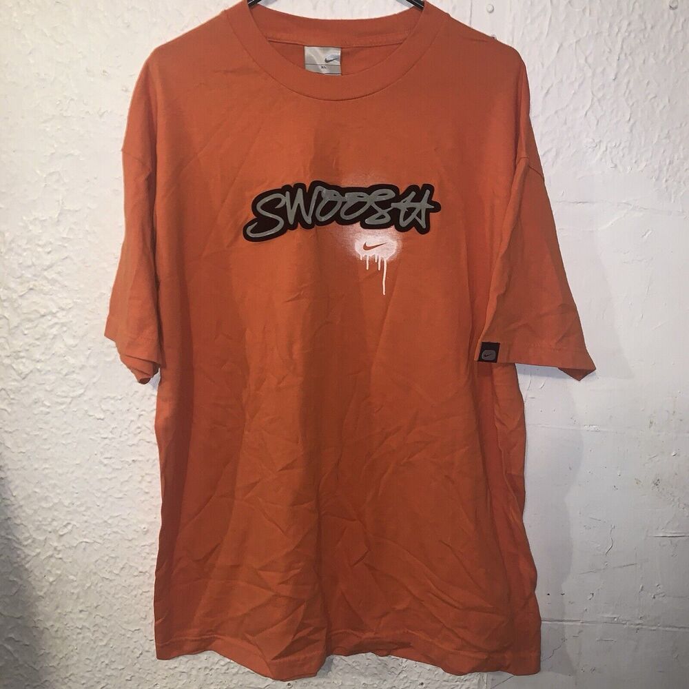 Vintage Y2K Nike Swoosh Puff Print Grey Tag Orange Short Sleeve Shirt XL